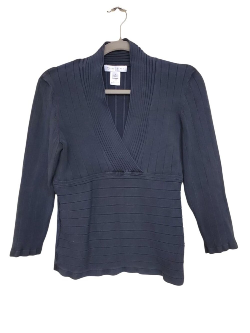 White House Black Market Women's Black Ribbed Stretch Knit Silk 3/4 Sleeve Top M